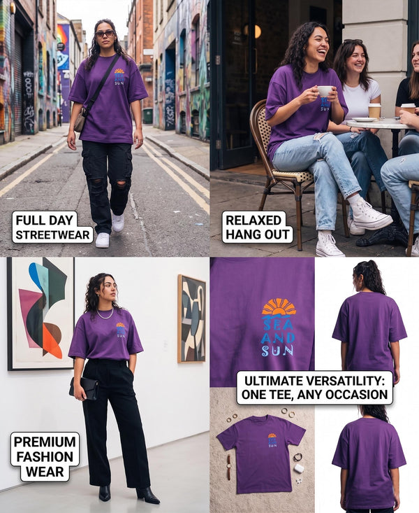 T.T. Women|Oversized Printed T-Shirt|Round Neck|Soft Breathable Cotton Fabric | Street , Casual & Outdoor Wear Tees|Sea & Sun Print|Purple
