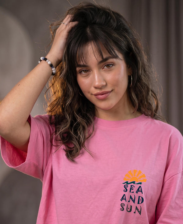 T.T. Women|Oversized Printed T-Shirt|Round Neck|Soft Breathable Cotton Fabric | Street , Casual & Outdoor Wear Tees|Sea & Sun Print|Pink