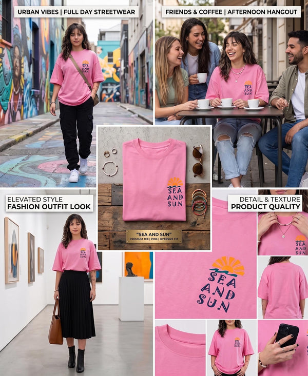 T.T. Women|Oversized Printed T-Shirt|Round Neck|Soft Breathable Cotton Fabric | Street , Casual & Outdoor Wear Tees|Sea & Sun Print|Pink