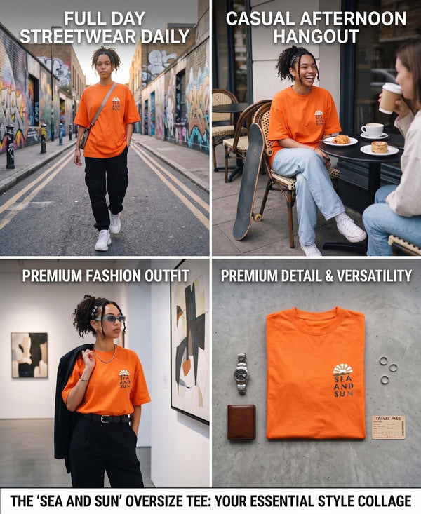 T.T. Women|Oversized Printed T-Shirt|Round Neck|Soft Breathable Cotton Fabric | Street , Casual & Outdoor Wear Tees|Sea & Sun Print|Orange