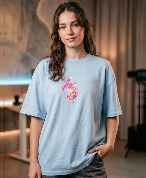 T.T. Women|Oversized Printed T-Shirt|Round Neck|Soft Breathable Cotton Fabric | Street , Casual & Outdoor Wear Tees|Flower Print|Baby Blue