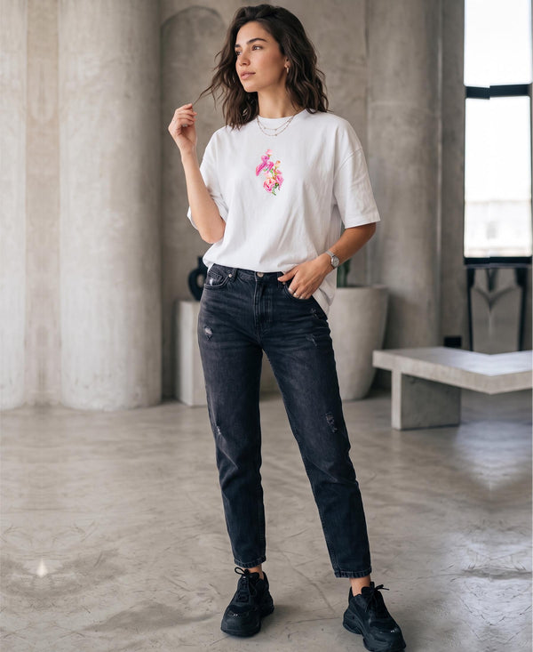 T.T. Women|Oversized Printed T-Shirt|Round Neck|Soft Breathable Cotton Fabric | Street , Casual & Outdoor Wear Tees|Flower Print|White