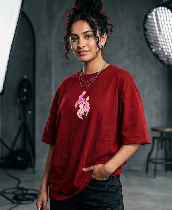 T.T. Women|Oversized Printed T-Shirt|Round Neck|Soft Breathable Cotton Fabric | Street , Casual & Outdoor Wear Tees|Flower Print|Red