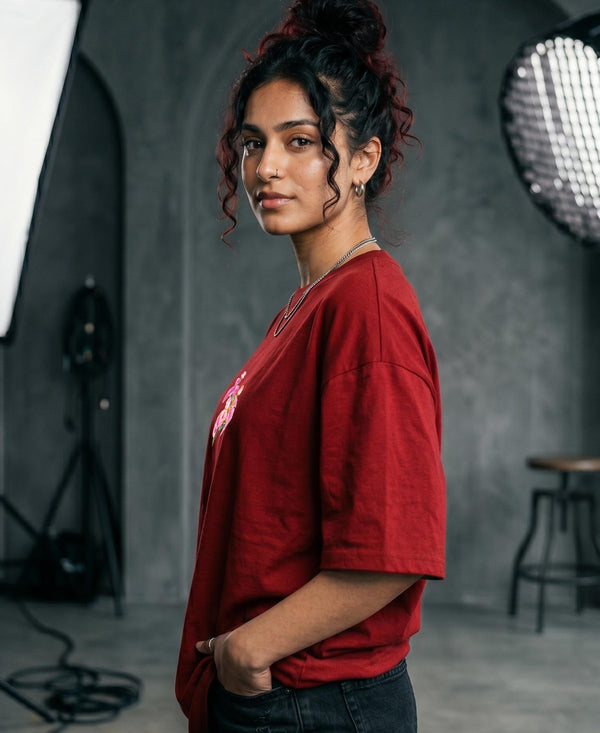T.T. Women|Oversized Printed T-Shirt|Round Neck|Soft Breathable Cotton Fabric | Street , Casual & Outdoor Wear Tees|Flower Print|Red