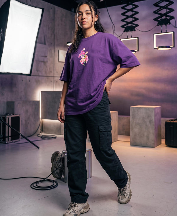 T.T. Women|Oversized Printed T-Shirt|Round Neck|Soft Breathable Cotton Fabric | Street , Casual & Outdoor Wear Tees|Flower Print|Purple