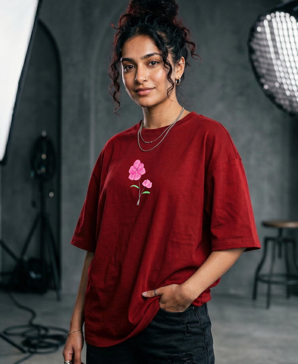 T.T. Women|Oversized Printed T-Shirt|Round Neck|Soft Breathable Cotton Fabric | Street , Casual & Outdoor Wear Tees|Wild Flower Print|Red