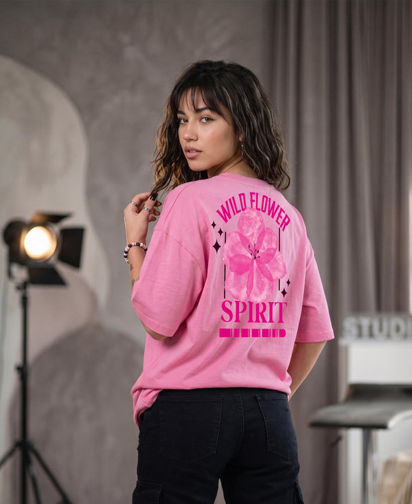 T.T. Women|Oversized Printed T-Shirt|Round Neck|Soft Breathable Cotton Fabric | Street , Casual & Outdoor Wear Tees|Wild Flower Print|Pink