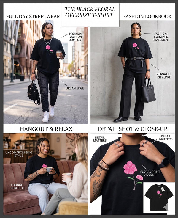 T.T. Women|Oversized Printed T-Shirt|Round Neck|Soft Breathable Cotton Fabric | Street , Casual & Outdoor Wear Tees|Wild Flower Print|Black