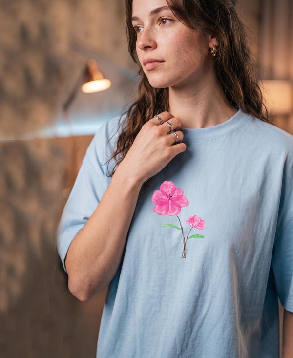 T.T. Women|Oversized Printed T-Shirt|Round Neck|Soft Breathable Cotton Fabric | Street , Casual & Outdoor Wear Tees|Wild Flower Print|Baby Blue