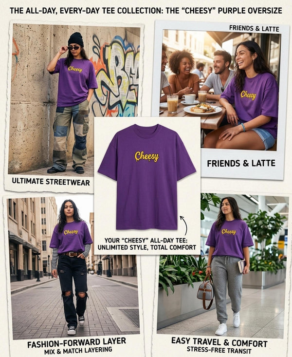 T.T. Women|Oversized Printed T-Shirt|Round Neck|Soft Breathable Cotton Fabric | Street , Casual & Outdoor Wear Tees|Cheesy Print|Purple