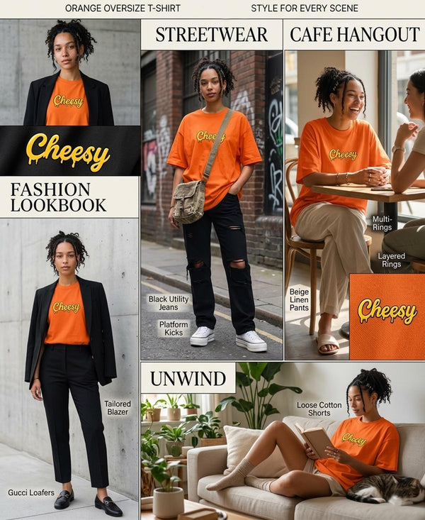 T.T. Women|Oversized Printed T-Shirt|Round Neck|Soft Breathable Cotton Fabric | Street , Casual & Outdoor Wear Tees|Cheesy Print|Orange