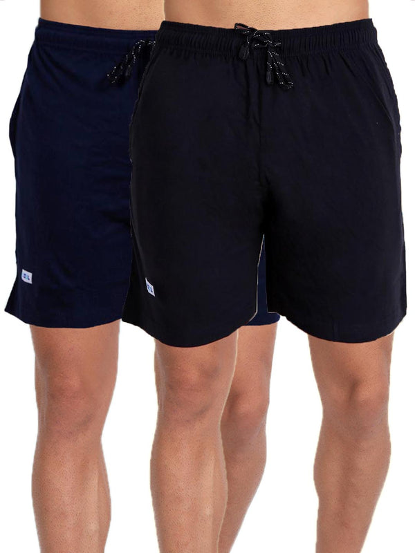 T.T. MenSolid Cotton Blend Shorts With Zipper & Back Pocket|Pack Of 2|Navy,Black