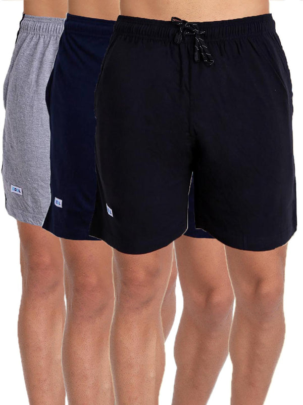 T.T. MenSolid Cotton Blend Shorts With Zipper & Back Pocket|Pack Of 3|Navy,Black,Grey