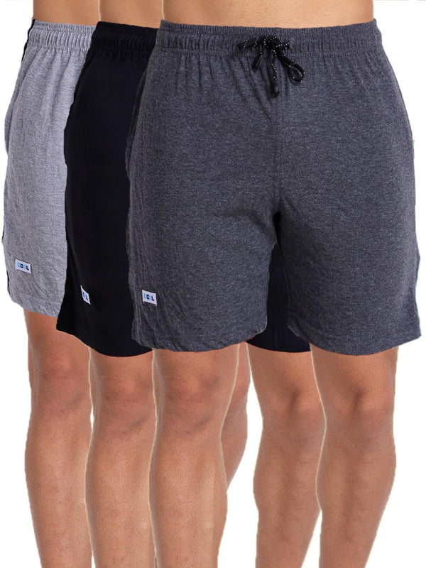 T.T. MenSolid Cotton Blend Shorts With Zipper & Back Pocket|Pack Of 3|Anthra,Black,Grey