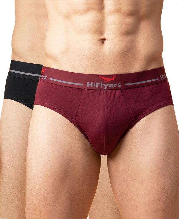 Hiflyers Men|Soft Breathable Odour-Free Cotton Lycra Fabric|Regular Fit|Comfortable Everyday Innerwear Brief|Pack Of 2|Maroon,Black