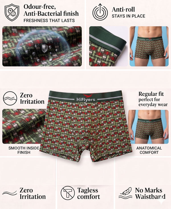 Hiflyers Men|Soft Breathable Odour-Free Cotton Lycra Fabric|Regular Fit|Stylish Geometrical Design Printed Trunk|Olive