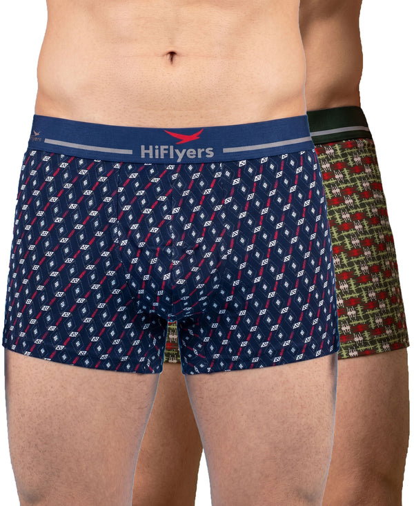 Hiflyers Men|Soft Breathable Odour-Free Cotton Lycra Fabric|Regular Fit|Stylish Geometrical Design Printed Trunk|Pack Of 2|Navy,Olive