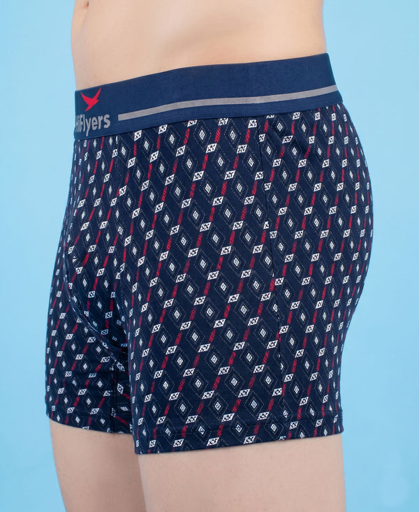 Hiflyers Men|Soft Breathable Odour-Free Cotton Lycra Fabric|Regular Fit|Stylish Geometrical Design Printed Trunk|Pack Of 2|Navy,Olive