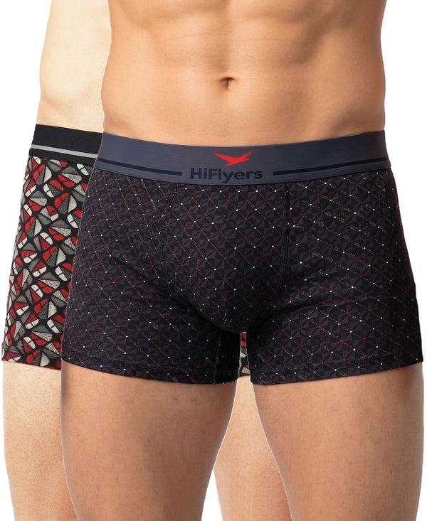 Hiflyers Men|Soft Breathable Odour-Free Cotton Lycra Fabric|Regular Fit|Stylish Geometrical Design Printed Trunk|Pack Of 2|Grey,Black