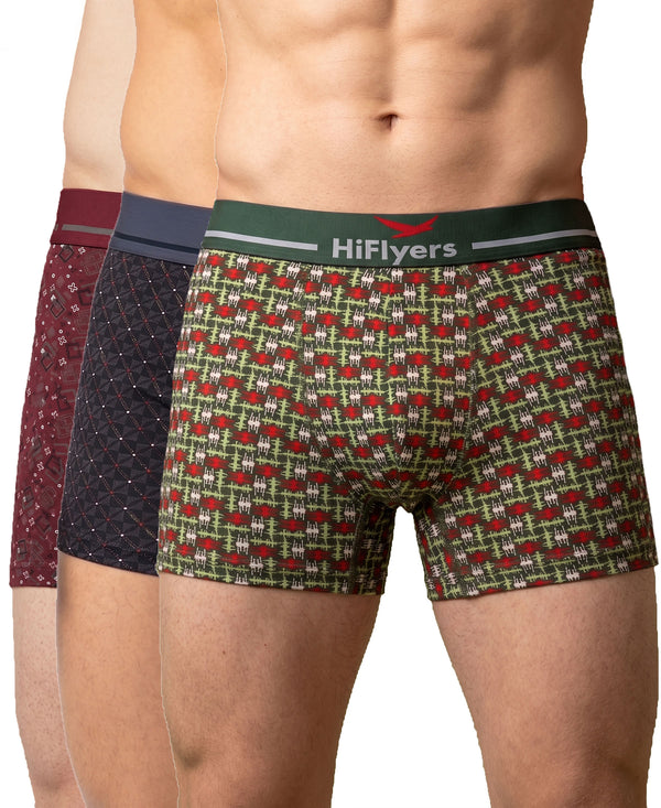 Hiflyers Men|Soft Breathable Odour-Free Cotton Lycra Fabric|Regular Fit|Stylish Geometrical Design Printed Trunk|Pack Of 3|Maroon,Grey,Olive