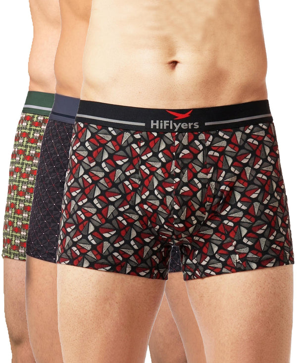 Hiflyers Men|Soft Breathable Odour-Free Cotton Lycra Fabric|Regular Fit|Stylish Geometrical Design Printed Trunk|Pack Of 3|Black,Grey,Olive