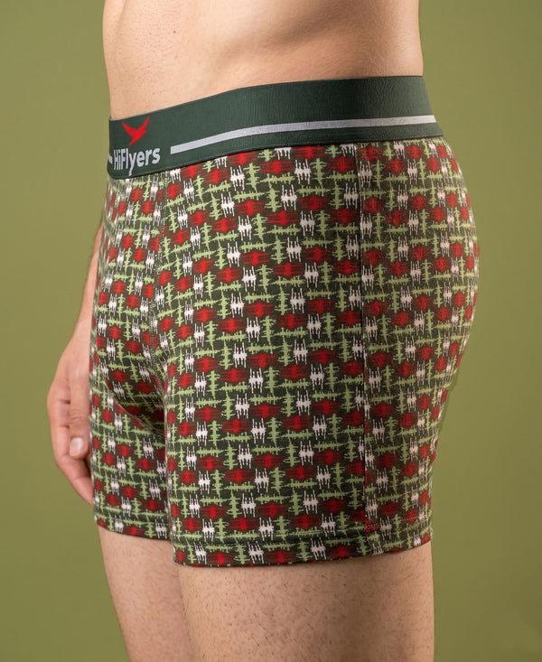 Hiflyers Men|Soft Breathable Odour-Free Cotton Lycra Fabric|Regular Fit|Stylish Geometrical Design Printed Trunk|Pack Of 3|Black,Grey,Olive
