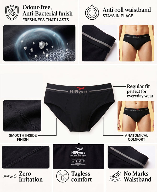 Hiflyers Men|Soft Breathable Odour-Free Cotton Lycra Fabric|Regular Fit|Comfortable Everyday Innerwear Brief|Pack Of 3|Black::Olive::Grey