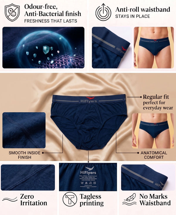 Hiflyers Men|Soft Breathable Odour-Free Cotton Lycra Fabric|Regular Fit|Comfortable Everyday Innerwear Brief|Pack Of 3|Black::Grey::Navy