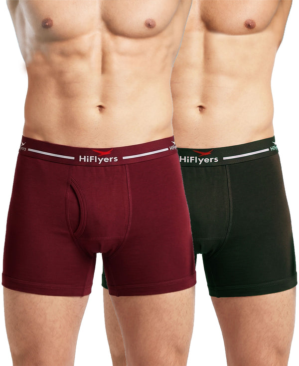 Hiflyers Men|Soft Breathable Odour-Free Cotton Lycra Fabric|Regular Fit|Comfortable Everyday Innerwear Trunk|Pack Of 2|Maroon,Olive