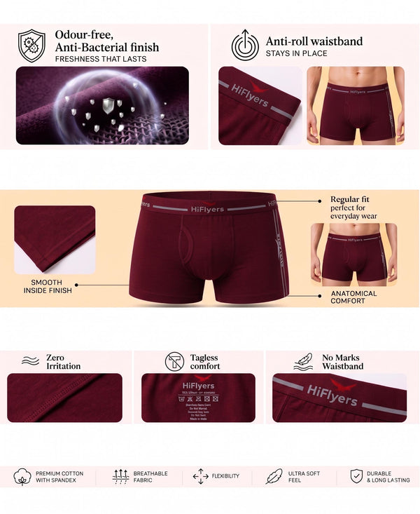 Hiflyers Men|Soft Breathable Odour-Free Cotton Lycra Fabric|Regular Fit|Comfortable Everyday Innerwear Trunk|Maroon