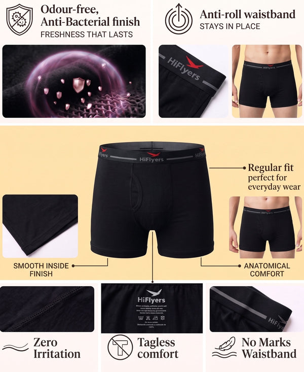 Hiflyers Men|Soft Breathable Odour-Free Cotton Lycra Fabric|Regular Fit|Comfortable Everyday Innerwear Trunk|Black