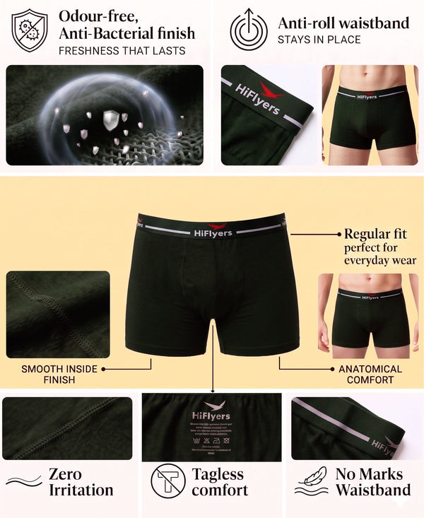 Hiflyers Men|Soft Breathable Odour-Free Cotton Lycra Fabric|Regular Fit|Comfortable Everyday Innerwear Trunk|Pack Of 2|Maroon,Olive
