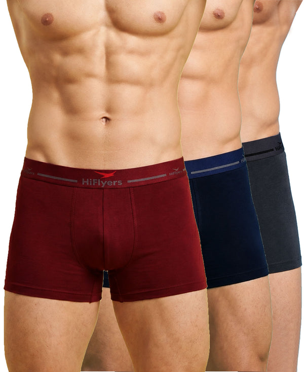 Hiflyers Men|Soft Breathable Odour-Free Cotton Lycra Fabric|Regular Fit|Comfortable Everyday Innerwear Trunk|Pack Of 3|Maroon,Navy,Grey