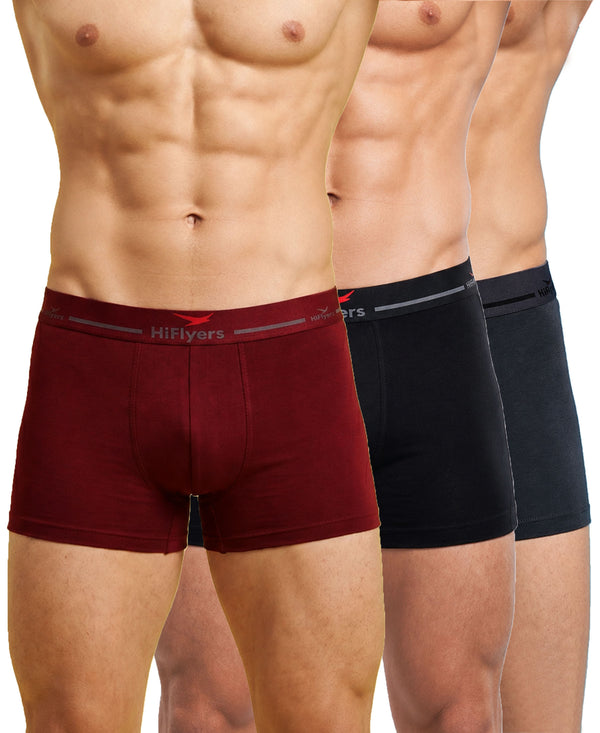 Hiflyers Men|Soft Breathable Odour-Free Cotton Lycra Fabric|Regular Fit|Comfortable Everyday Innerwear Trunk|Pack Of 3|Maroon,Black,Grey