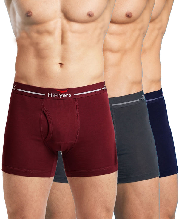 Hiflyers Men|Soft Breathable Odour-Free Cotton Lycra Fabric|Regular Fit|Comfortable Everyday Innerwear Trunk|Pack Of 3|Maroon,Grey,Navy