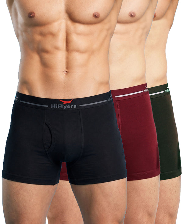 Hiflyers Men|Soft Breathable Odour-Free Cotton Lycra Fabric|Regular Fit|Comfortable Everyday Innerwear Trunk|Pack Of 3|Black,Maroon,Olive