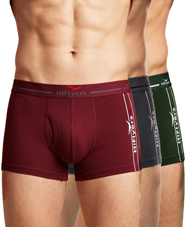 Hiflyers Men|Soft Breathable Odour-Free Cotton Lycra Fabric|Regular Fit|Comfortable Everyday Innerwear Trunk|Pack Of 3|Maroon,Grey,Olive