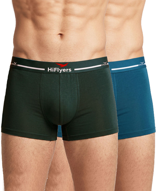 Hiflyers Men|Soft Breathable Odour-Free Micro Modal With Spandex Fabric|Regular Fit|Luxurious All-Day Innerwear Trunk|Pack Of 2|Olive,Teal