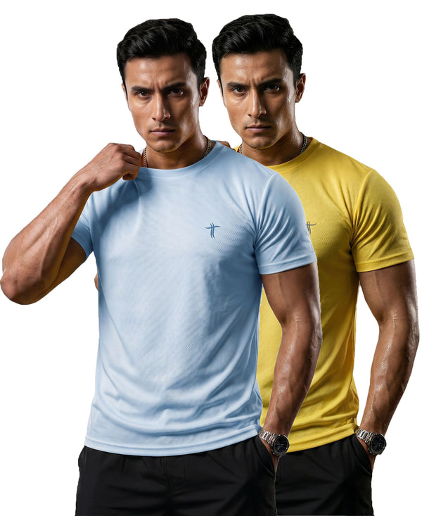 T.T. Men Dri-Fit Polyester Dot- Knit Fabric| Round Neck | Half Sleeve | Sweat-Wicking Gym & Active Wear Tees Pack Of 2 Light Blue,Yellow