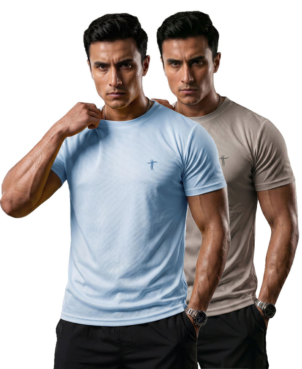T.T. Men Dri-Fit Polyester Dot- Knit Fabric| Round Neck | Half Sleeve | Sweat-Wicking Gym & Active Wear Tees Pack Of 2 Light Blue,Light Grey