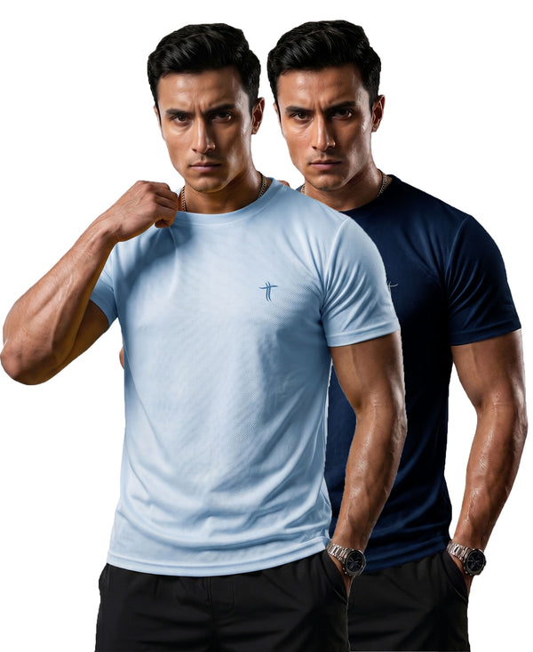 T.T. Men Dri-Fit Polyester Dot- Knit Fabric| Round Neck | Half Sleeve | Sweat-Wicking Gym & Active Wear Tees Pack Of 2 Light Blue,Navy