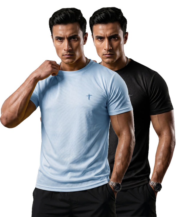 T.T. Men Dri-Fit Polyester Dot- Knit Fabric| Round Neck | Half Sleeve | Sweat-Wicking Gym & Active Wear Tees Pack Of 2 Light Blue,Black