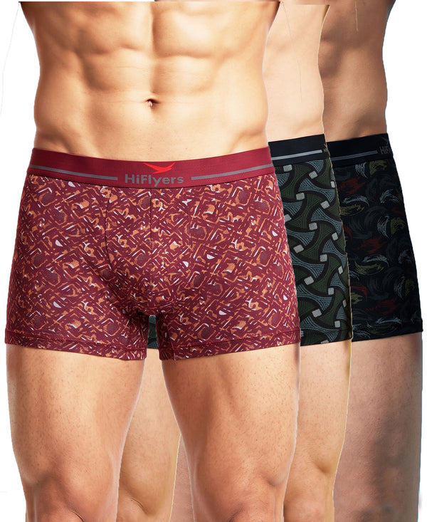 Hiflyers Men'S Micro Modal Spandex Trunk|Anti-Bacterial Odour-Free Fabric|Regular Fit|Ultra Soft Breathable Printed Innerwear|Pack Of 3|Maroon,Black,Black