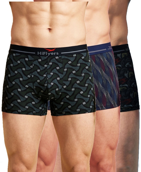 Hiflyers Men'S Micro Modal Spandex Trunk|Anti-Bacterial Odour-Free Fabric|Regular Fit|Ultra Soft Breathable Printed Innerwear|Pack Of 3|Black,Navy.Black