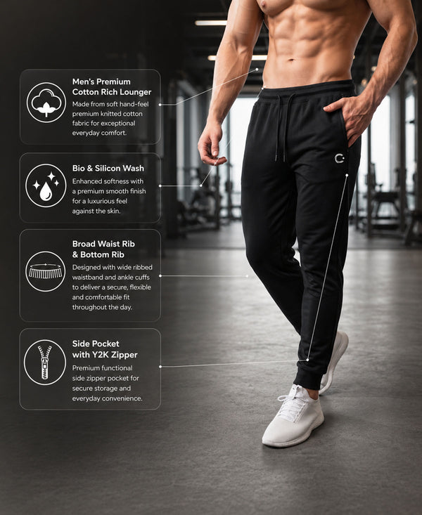 T.T. Men Cotton Rich Jogger Track Pant |Regular Fit| Side Zipper Pocket|Ideal For Gym, Running, Lounge & Casual Wear -Black