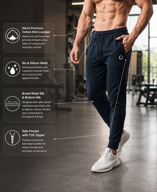 T.T. Men Cotton Rich Jogger Track Pant |Regular Fit| Side Zipper Pocket|Ideal For Gym, Running, Lounge & Casual Wear -Navy