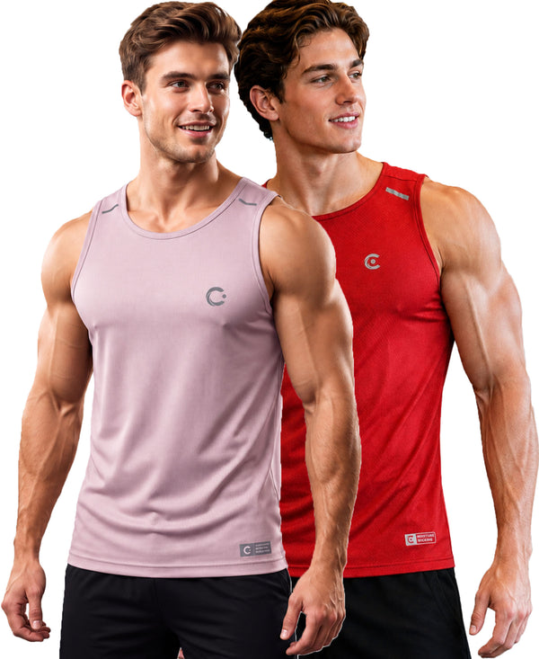 T.T. Men Dri-Fit Polyester Fooball-Knit Fabric| Round Neck | Sleeveless | Sweat-Wicking Gym & Active Wear Tees|Pack Of 2|Light Pink,Red