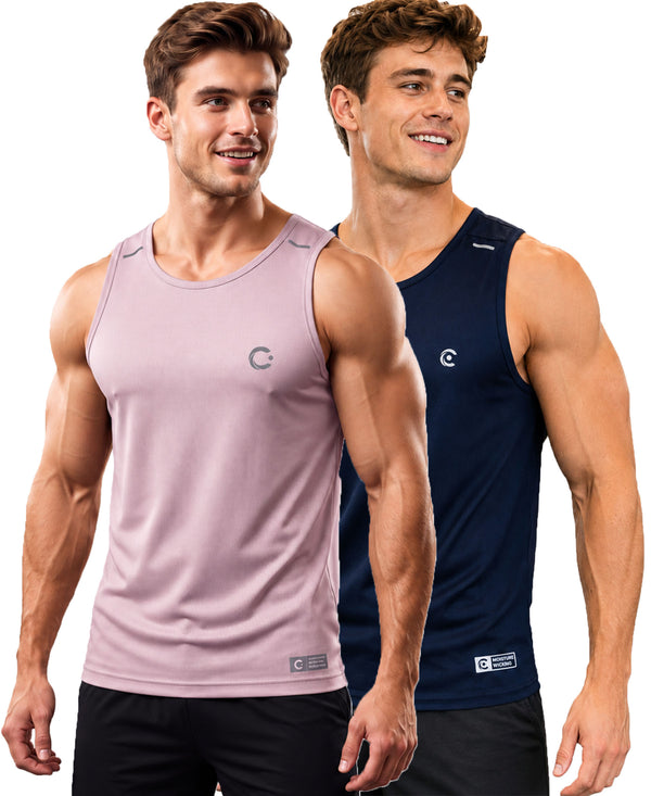 T.T. Men Dri-Fit Polyester Fooball-Knit Fabric| Round Neck | Sleeveless | Sweat-Wicking Gym & Active Wear Tees|Pack Of 2|Light Pink,Navy