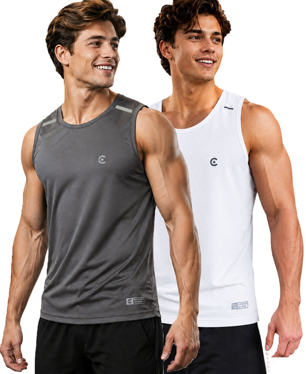 T.T. Men Dri-Fit Polyester Fooball-Knit Fabric| Round Neck | Sleeveless | Sweat-Wicking Gym & Active Wear Tees|Pack Of 2|Light Grey,White