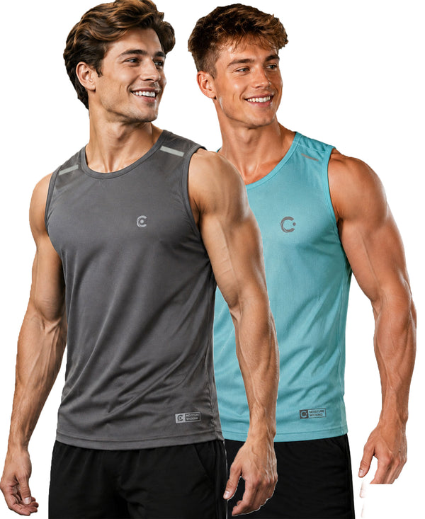 T.T. Men Dri-Fit Polyester Fooball-Knit Fabric| Round Neck | Sleeveless | Sweat-Wicking Gym & Active Wear Tees|Pack Of 2|Light Grey,Sky Blue